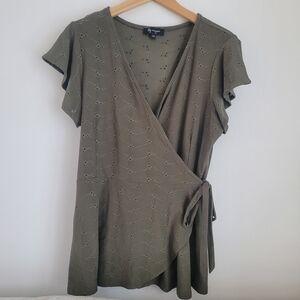 Lily Morgan Olive Green Wrap Top Blouse Ruffle Sleeves Lace Eyelet Size L
